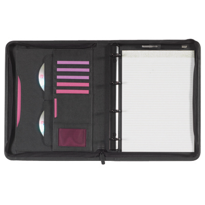 Budbrooke zipped bonded leather folder, removable black ringbinder, int pockets, pen loop, A4 pad