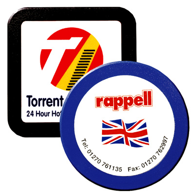 Square or round rigid plastic coaster with scratch resistant centre and choice of border